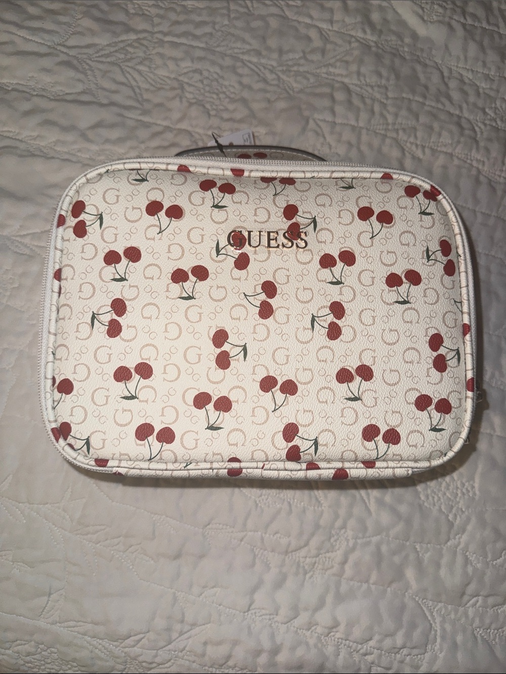 Viral Guess Cherry Print Makeup Pouch in Cream and Red